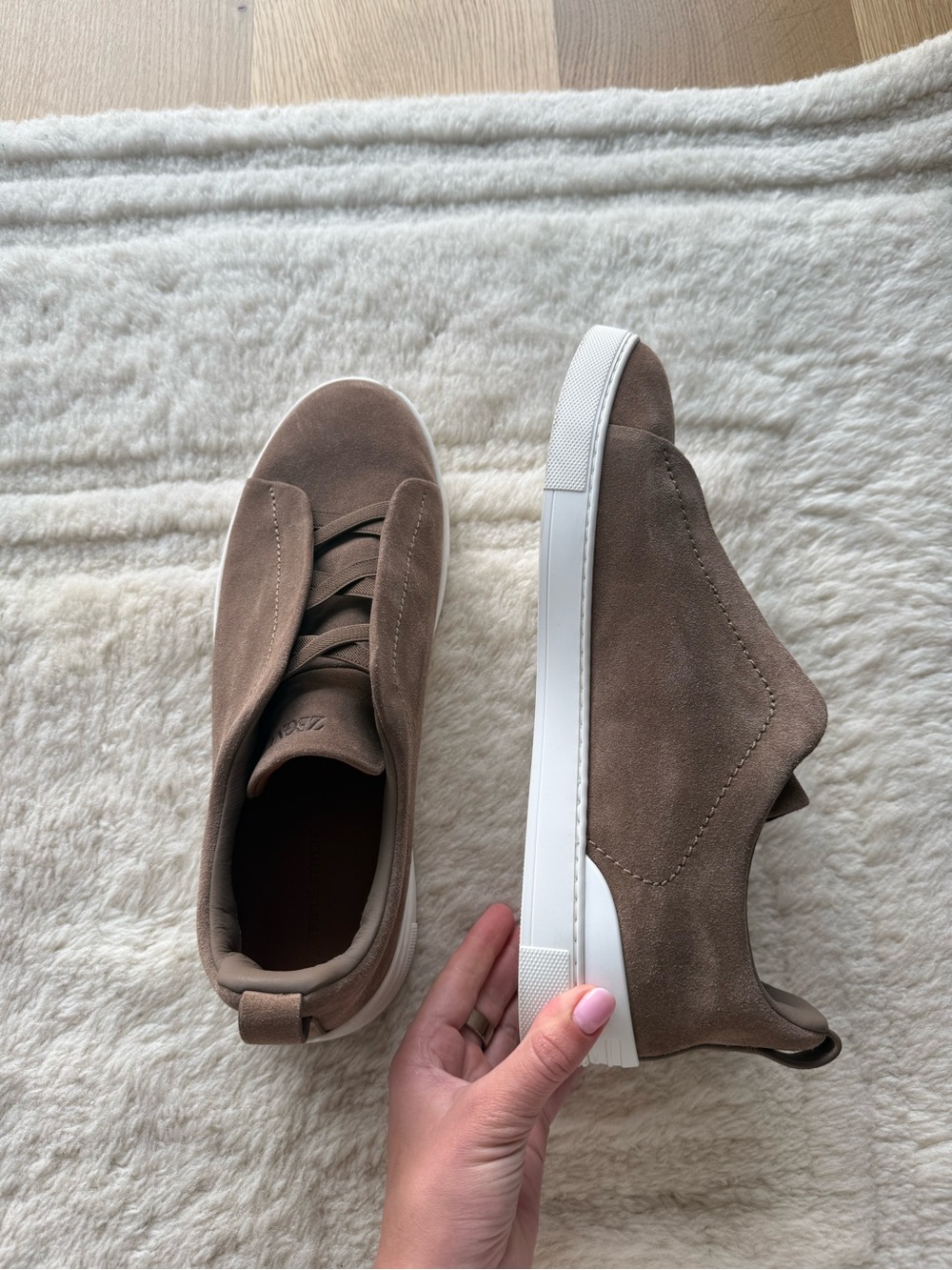 Zegna Triple Stitch Taupe Suede Low Top Sneakers Size 11.5